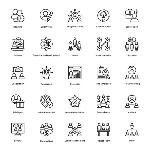 ilustraciones, imágenes clip art, dibujos animados e iconos de stock de proyecto gestión línea vector icons set 2 - stakeholder
