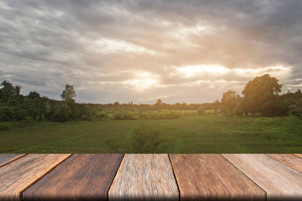 istock Blank wooden table on front with grass field and cloud background 861508306