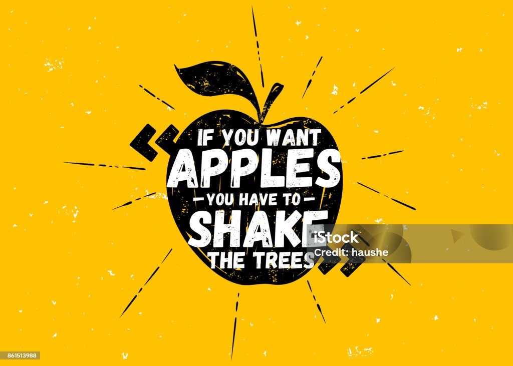 Motivational and Inspirational Quote. Hand Drawn Inscription with Apple, Rays and Typography. Inspiring Motivation Quote Poster Template. Black Vector Label Isolated on Grunge Yellow Background. Apple - Fruit stock vector