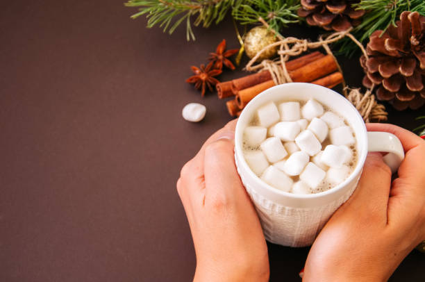 istock Christmas background. Woman's hands holding a cup of chocolate with marshmallows. Brown backdrop with fir tree branches, cones, cinnamon and anise. Close up. 861527646