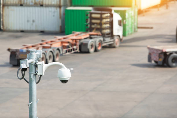 istock Closeup of traffic security camera surveillance (CCTV) on the port Import, Export,Logistic 861530442