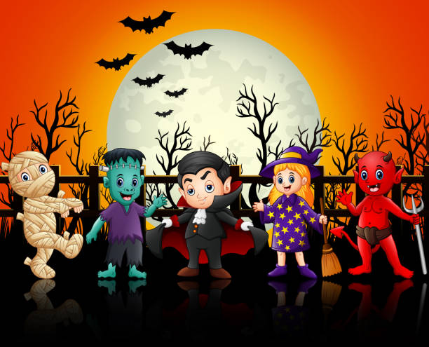 Children in Halloween costumes Vector illustration of Children in Halloween costumes cartoon of the devils pitch fork stock illustrations