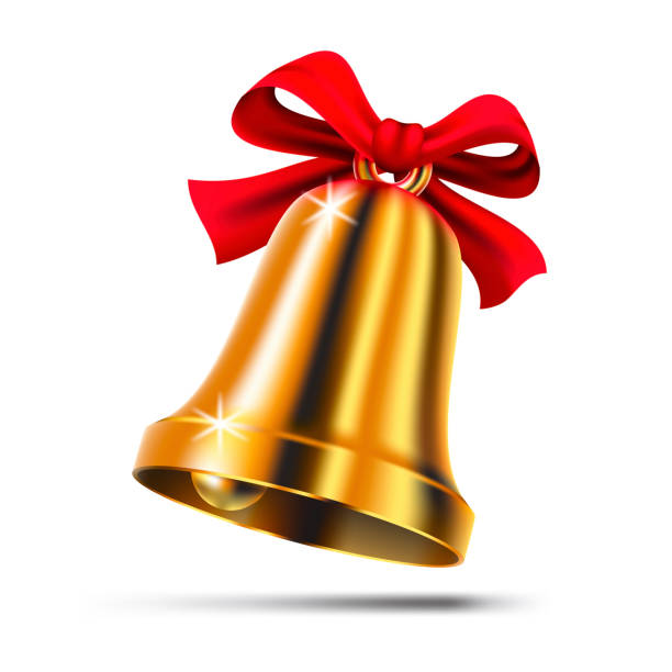 ilustraciones, imágenes clip art, dibujos animados e iconos de stock de campana de navidad oro con lazo de cinta roja - bell handbell christmas holiday
