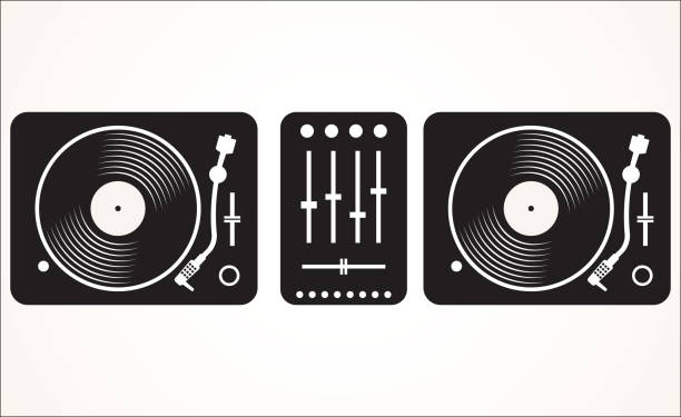 illustrations, cliparts, dessins animés et icônes de mixage table tournante de dj noir et blanc simple set vector illustration - platine de disque vinyle