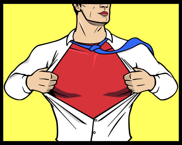 Vector Superhero Transformation Opening Shirt A comic book style vector illustration of a man transform into a superhero costume by opening his shirt. Put your text or logo on the chest or any space available. Easy to grab and edit. man muscular chest stock illustrations