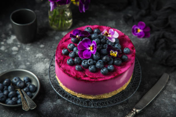 no baked blueberry cheesecake on dark background