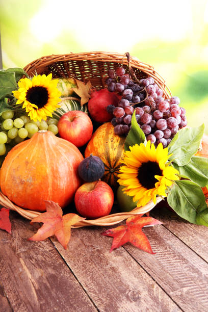istock Autumn nature concept. Fall fruit and vegetables on wood. Thanksgiving dinner 861549590