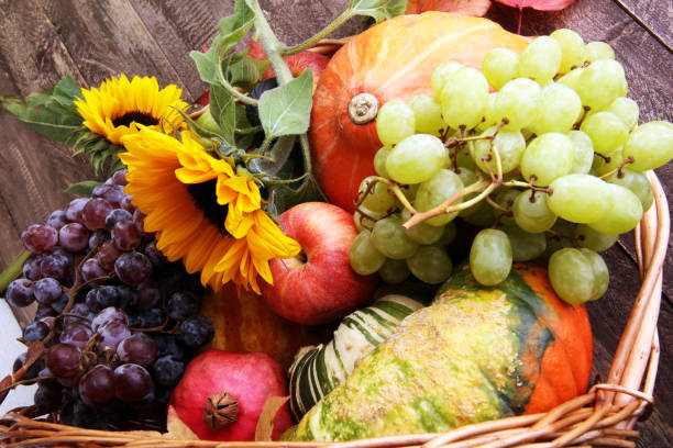 istock Autumn nature concept. Fall fruit and vegetables on wood. Thanksgiving dinner 861549852
