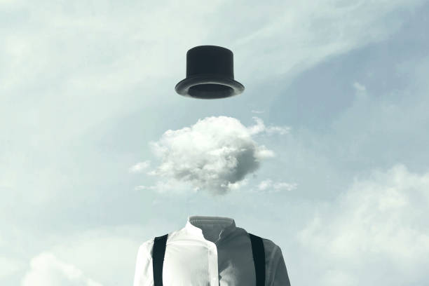 surrealer mann köpft in die wolken - gehirn fotos stock-fotos und bilder