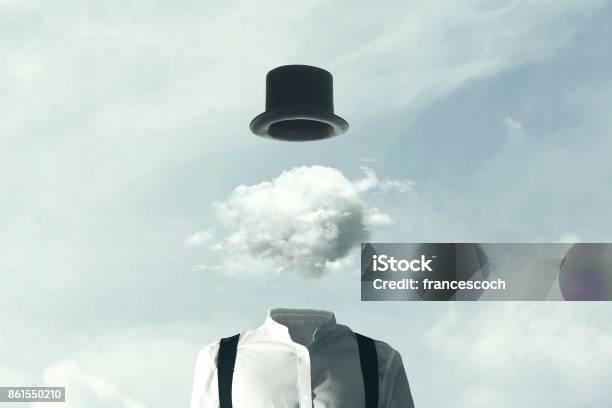 Surrealer Mann Köpft In Die Wolken Stockfoto und mehr Bilder von Surrealismus - Surrealismus, Surreal, Wolke