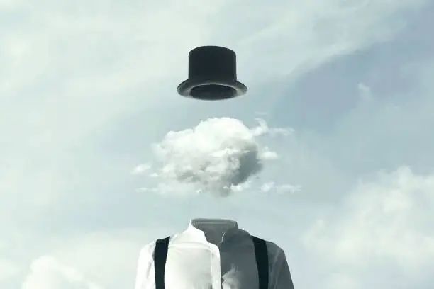 Photo of surreal man heads in the clouds