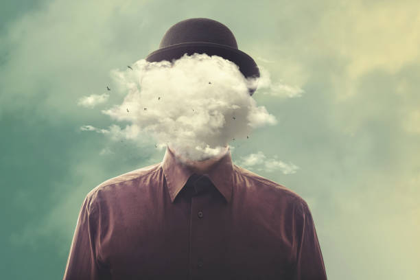 surreal man head in the cloud man with bowler with cloud over his head meditating photos stock pictures, royalty-free photos & images