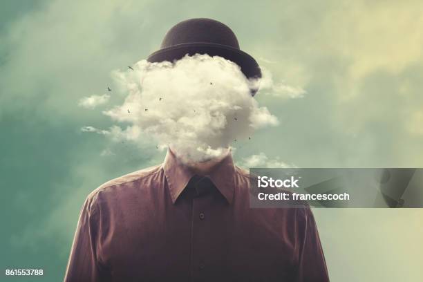 Surreal Man Head In The Cloud Stock Photo - Download Image Now - Obscured Face, Fog, Creativity