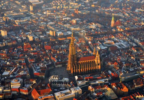 Aerial view  of foggy Ulm, south germany on a sunny winter day Aerial view of Germany ulm minster stock pictures, royalty-free photos & images