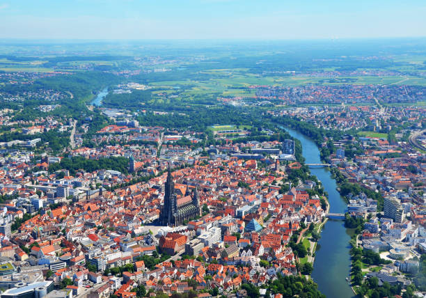 Closer Aerial view of Ulm Minster (Ulmer Münster) and Ulm, south germany on a sunny summer day Aerial view of Germany ulm minster stock pictures, royalty-free photos & images