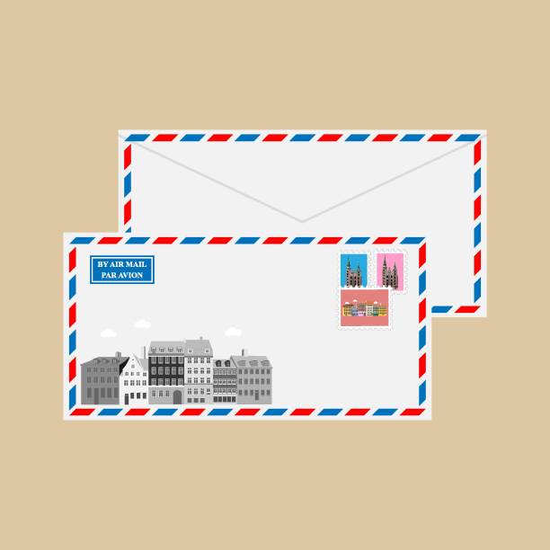 Air mail envelope with postmarks Air mail envelope with stamps, postmarks and Nyhavn Harbor and Rosenborg Castle, Copenhagen, Denmark. Vector illustration nyhavn stock illustrations
