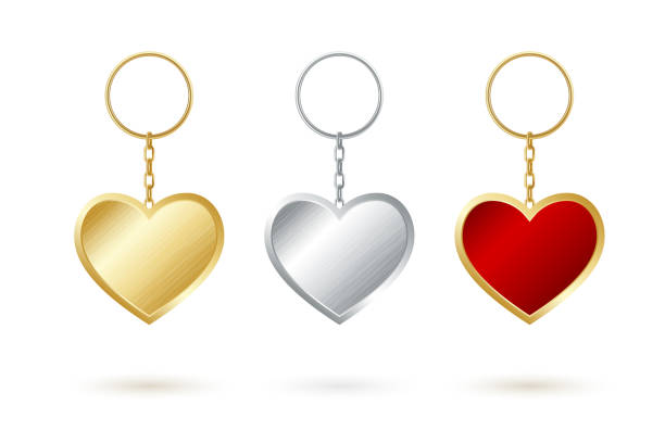 ilustrações de stock, clip art, desenhos animados e ícones de heart shape keychain collection. golden,silver and red keyholders. - shiny chrome car vehicle door