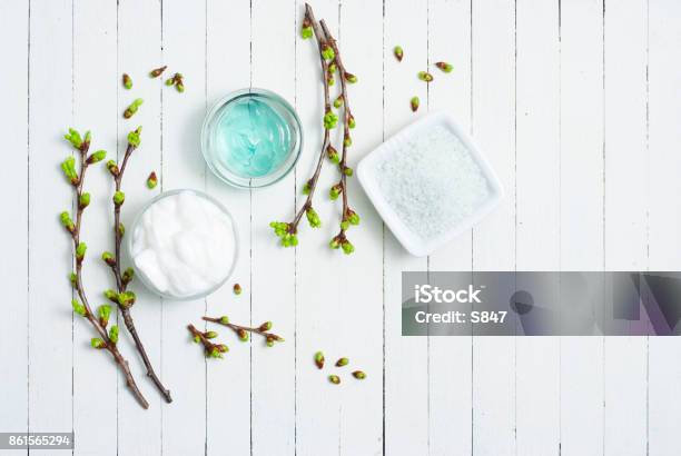 Cosmetic Cream On White Wood Stock Photo - Download Image Now - Blue, Flat Lay, Moisturizer