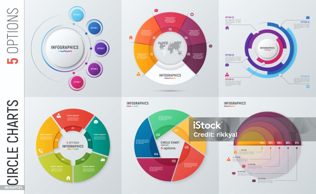 Collection of vector circle chart infographic templates for presentations, advertising, layouts, annual reports. 5 options, steps, parts. Circle stock vector