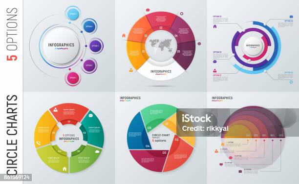 Collection Of Vector Circle Chart Infographic Templates For Presentations Advertising Layouts Annual Reports 5 Options Steps Parts Stock Illustration - Download Image Now