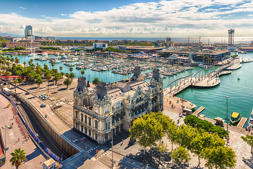 Aerial view of Port Vell, Barcelona, Catalonia, Spain