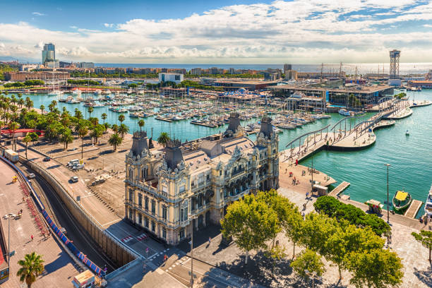 aerial view of port vell, barcelona, catalonia, spain - port de barcelona imagens e fotografias de stock