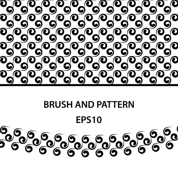 Vector illustration of Black curls brush and pattern template for illustrator. Abstract set for decoration of card, banner, cover and packages.