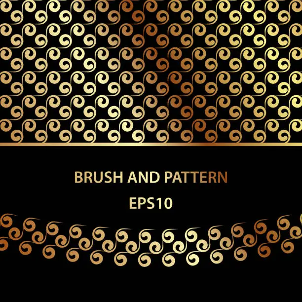 Vector illustration of Golden curls brush and pattern template for illustrator. Abstract set for decoration of card, banner, cover and packages.
