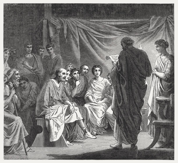 Among the first Christians, a letter from Paul is read A meeting of the first Christians in Rome - a letter from Paul is read. Wood engraving, published in 1886. ancient roman civilization stock illustrations