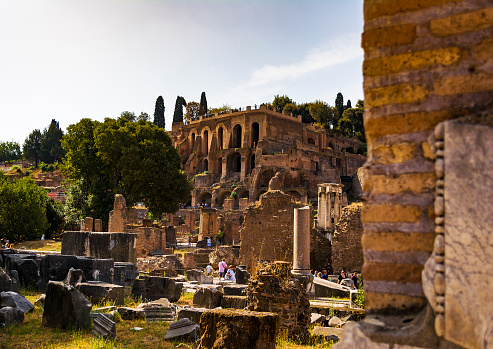 Rome, Italy - August 31, 2017: Ruins of the Roman Forum in Rome, Italy. The Roman Forum is one of the main tourist attractions of Rome.