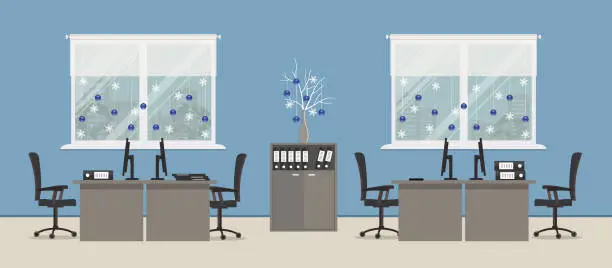 Vector illustration of Blue office room, decorated with Christmas decoration