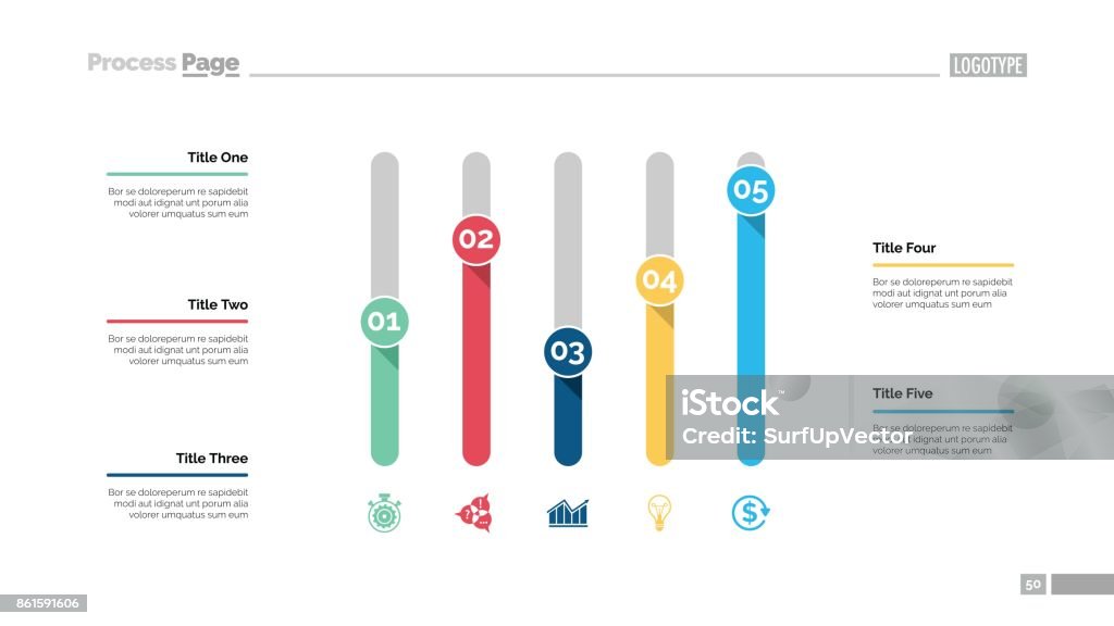Modello diapositiva Grafico a cinque colonne - arte vettoriale royalty-free di Diagramma a colonne