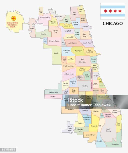 Chicago Neighborhood Map With Flag Stock Illustration - Download Image Now - Chicago - Illinois, Map, Community