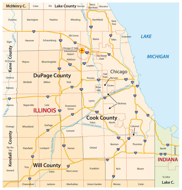 greater chicago, Illinois map greater chicago, Illinois vector map country geographic area stock illustrations