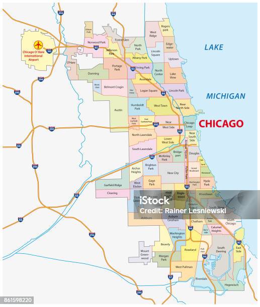 Chicago Illinois Neighborhood Map Stock Illustration - Download Image Now - Chicago - Illinois, Map, Community