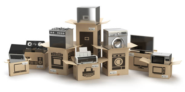 istock Household kitchen appliances and home electronics in boxes isolated on white. E-commerce, internet online shopping and delivery concept. 861599616