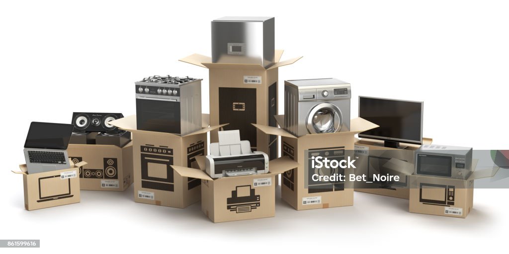 Household kitchen appliances and home electronics in boxes isolated on white. E-commerce, internet online shopping and delivery concept. Household kitchen appliances and home electronics in boxes isolated on white. E-commerce, internet online shopping and delivery concept. 3d illustration Appliance Stock Photo