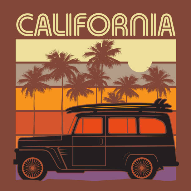 illustrazioni stock, clip art, cartoni animati e icone di tendenza di poster auto d'arte classica con testo california - brand name domestic car