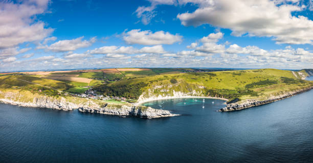 Scenic view flying above Dorset coastline landscapes