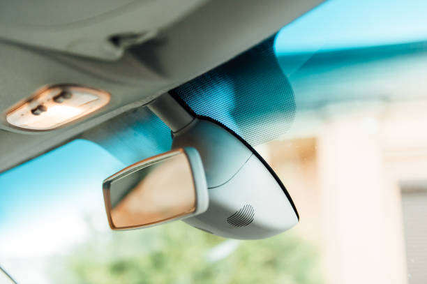 istock interior of a modern white car. Rearview mirror 861612296