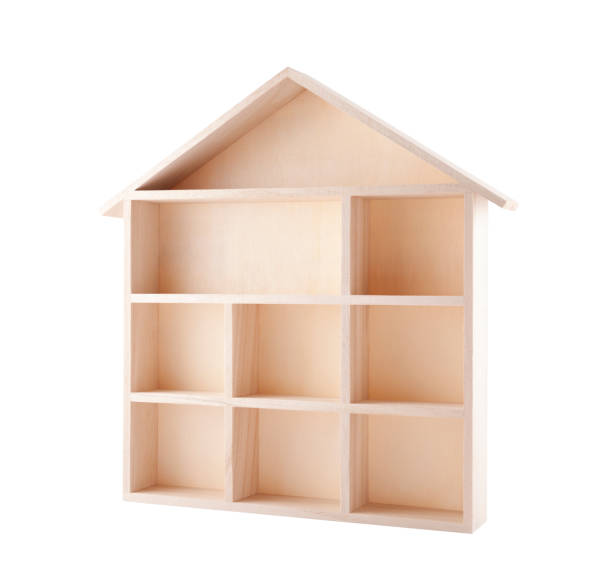 istock Wooden house shaped shelf isolated on white 861618144