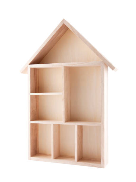 istock Wooden house shaped shelf isolated on white 861618148