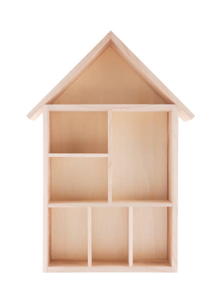 istock Wooden house shaped shelf isolated on white 861618178