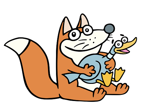 Cute happy fox and a frightened fat duck. Vector illustration. Cartoon happy character.
