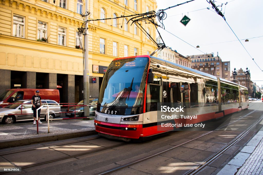 Czechia people and foreigner travelers use retro tramway at I.P. Pavlova station Czechia people and foreigner travelers use retro tramway go to travel and working at I.P. Pavlova station on August 29, 2017 in Prague, Czech Republic Architecture Stock Photo