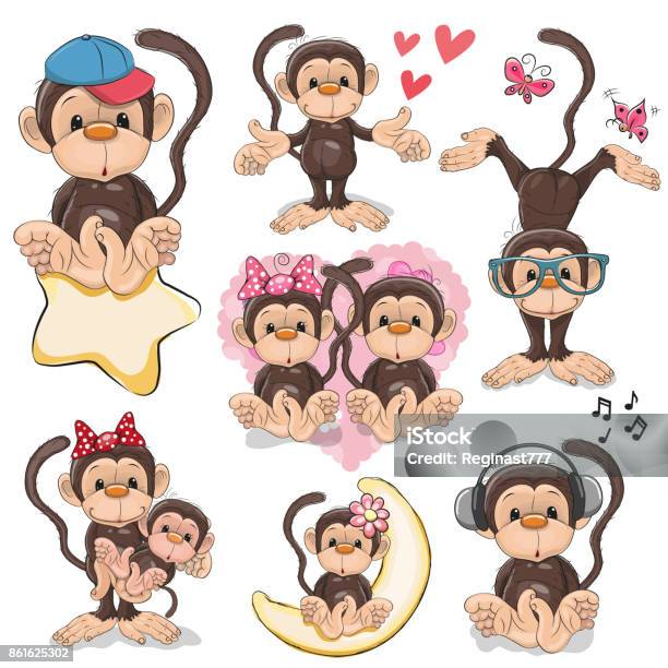Set Of Cute Cartoon Monkeys Stock Illustration - Download Image Now - Monkey,  Baby - Human Age, Girls - iStock