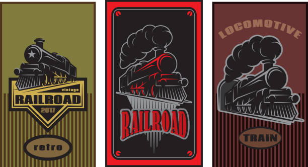 ilustrações de stock, clip art, desenhos animados e ícones de set of colorful retro posters with a vintage locomotive. vector illustration. - railroad sign