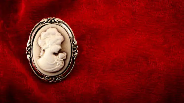 Cameo brooch representing the side portrait of a woman carved in white stone or ivory with golden elements on burgundy red velvet with copy space