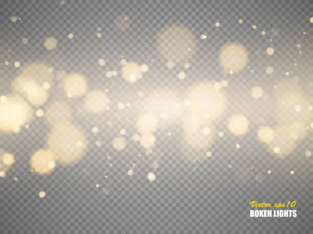 Vector illustration of Golden bokeh lights with glowing particles isolated. Vector