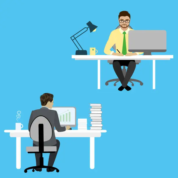 Vector illustration of Two Businessman or office worker  sitting at a desk and working